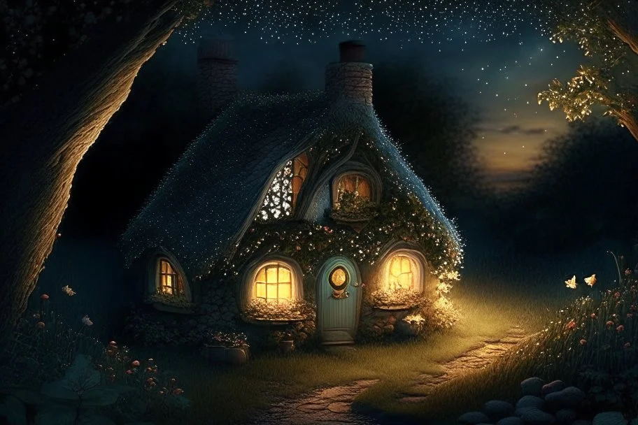 A special evening with a little cottage where the light twinkles and a fairy rests