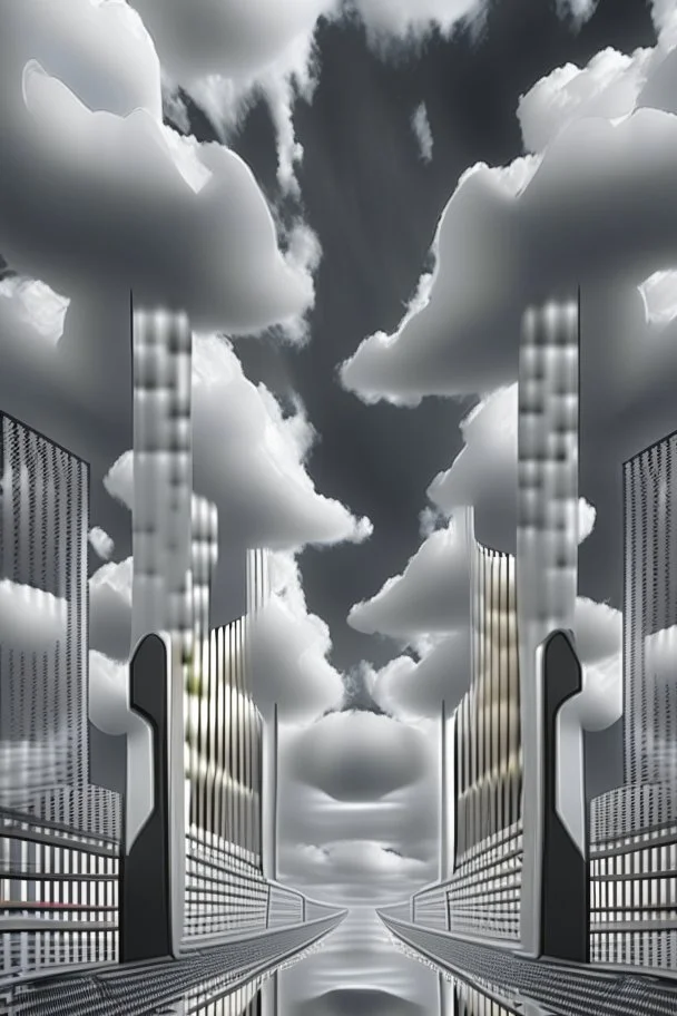 a bridge which has white clouds, in the style of futuristic digital art, grid formations, hall of mirrors, black and gray, photorealistic fantasies, multilayered dimensions, frontal perspective