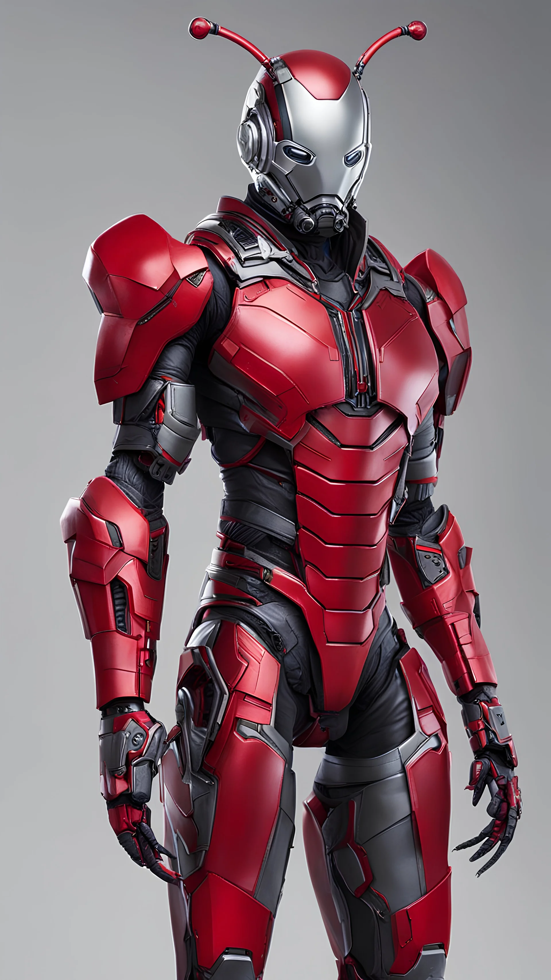 a ant-man in cybernetic armor, ultra detalhado, cor vermelho . ::n_ desenho, Imperfection, baixa qualidade, boneco, jogo, realistic, full body ,assinatura