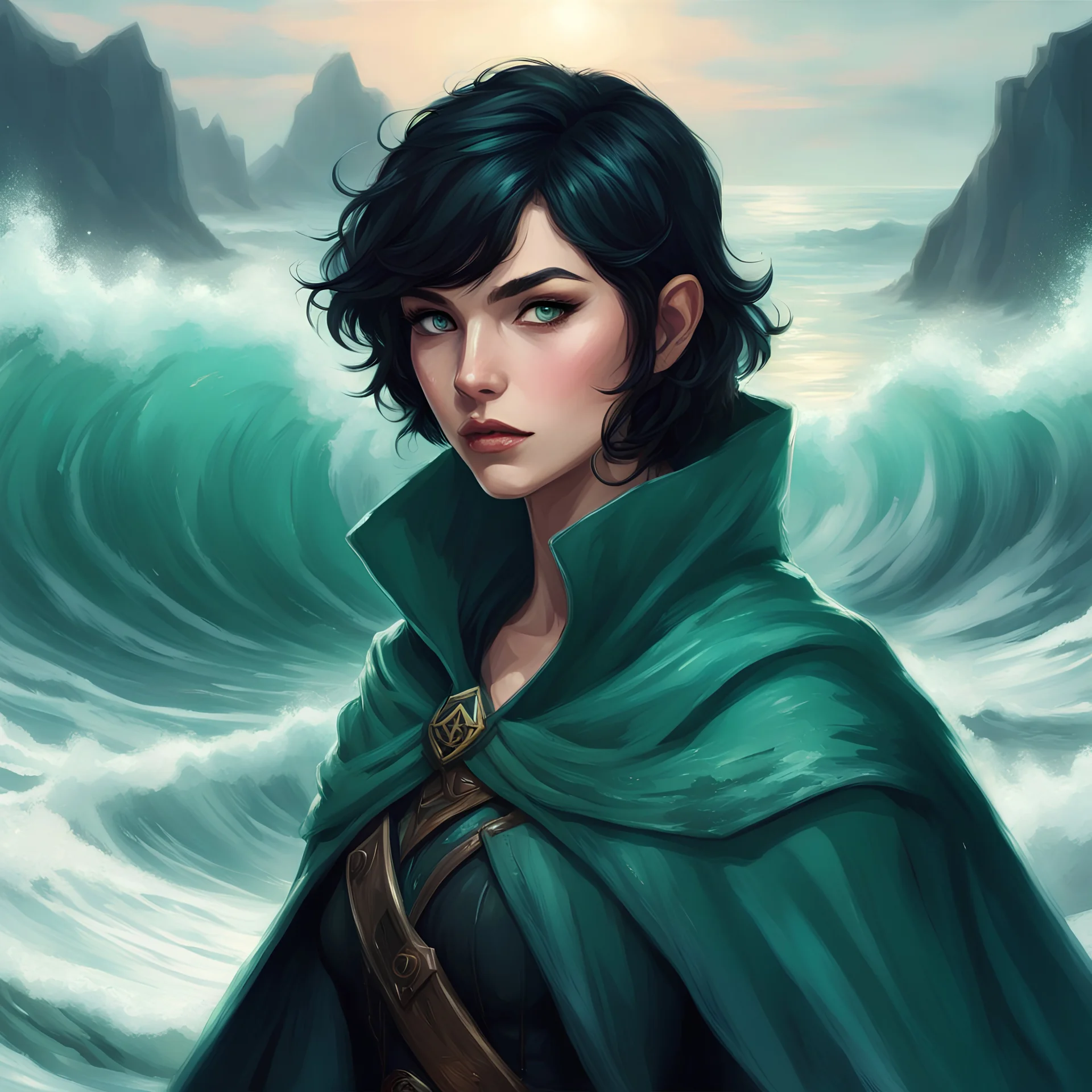 dungeons & dragons; portrait; digital art; teenager; female; cute; black hair color; short hair; sea green eye color; warlock; the fathomless; waves; sea travel clothing; ocean blue cloak; soft light; deep ocean; singing