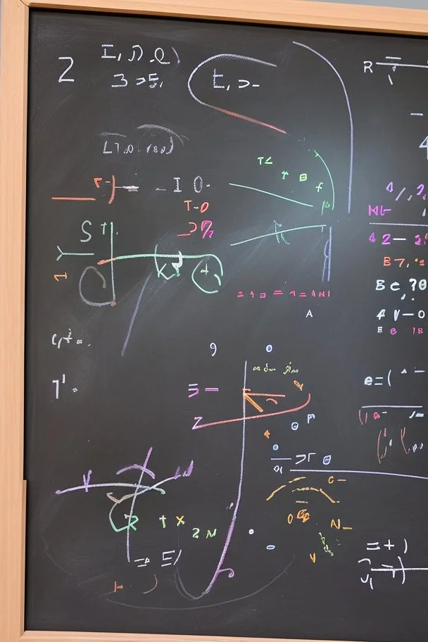 Subatomic particles writing equations on a chalkboard, while educating human children sitting at desks