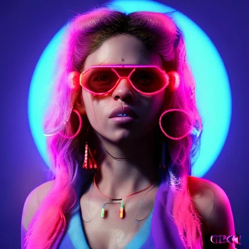 Shakira, artist, 30 years old, Realistic image, waist up portrait, etro style dress. Gucci sunglasses. Blonde, loose long hair, eyes make up, perfect, glow, circle iris. Neon colors, leds, geometric shapes. Dark background, neon lights. Cyberpunk, concept art, smooth, unreal engine 5, god lights, ray tracing, RTX, lumen lighting, ultra detail, volumetric lighting, 3d, finely drawn, high definition, 4k.