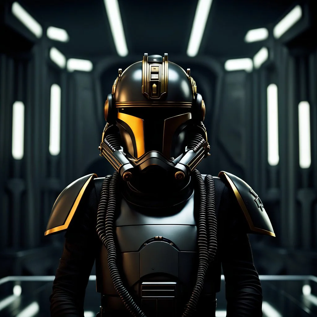 star wars bald male corellian pilot wearing gunmetal grey and black first order armored TIE pilot flightsuit and helmet with gold trim inside the jedi temple, centered head and shoulders portrait, hyperdetailed, dynamic lighting, hyperdetailed background, 8k resolution, volumetric lighting, light skin, fully symmetric details