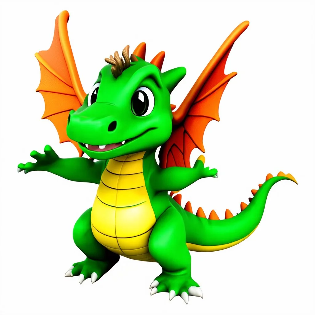 3D cute dragon character, normal hands and legs big, full body, 2 small wings, vivid colors, plain white background