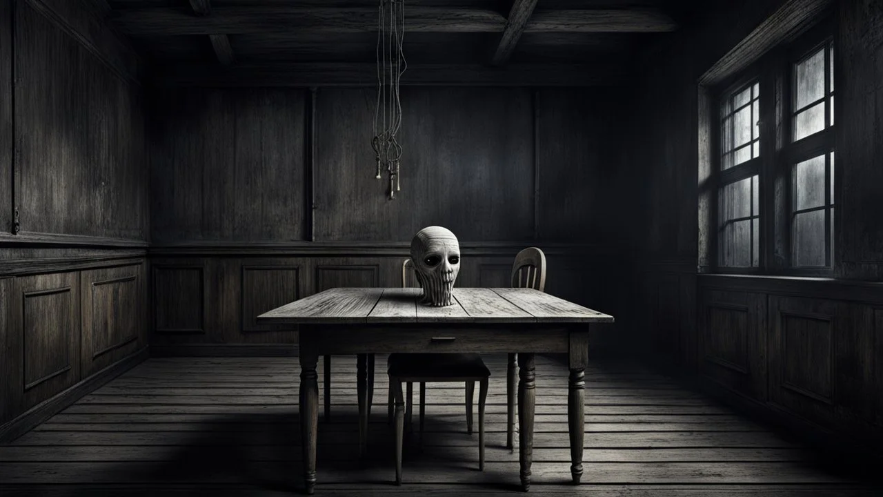 Bizarre dark surrealism, psychological thriller atmosphere. An impossible empty room with no windows and no doors. A single gaunt human-like figure with pale gray skin, an ordinary-sized head, large sunken lifeless eyes, and a tightly sewn-shut mouth with visible black thread stitches across the lips sits alone on one old wooden chair at a long dining table. The table is overflowing with untouched colorful food: roasted meats, pasta, pizza, soup, cakes, fruit, bread and wine. Everything except