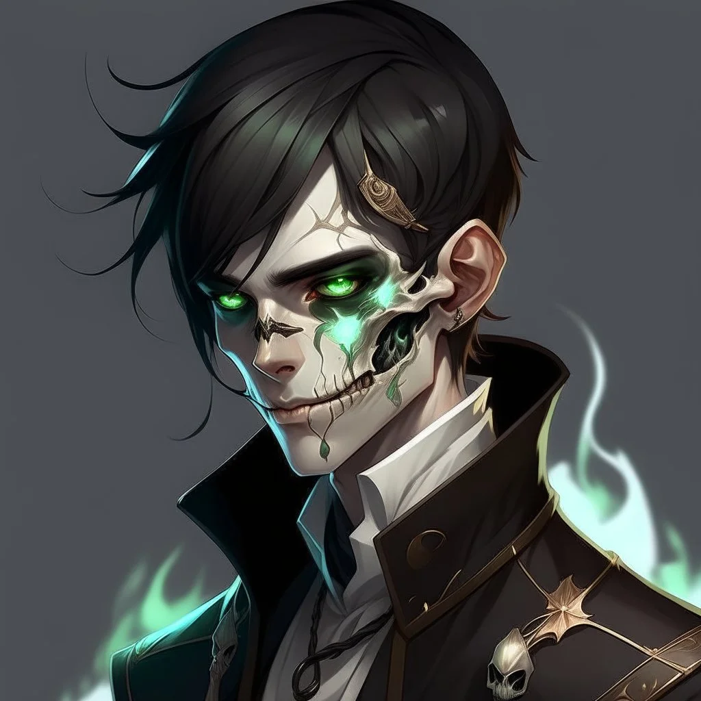 male, half-elf, young, noble, costume, half skull mask, pale skin color