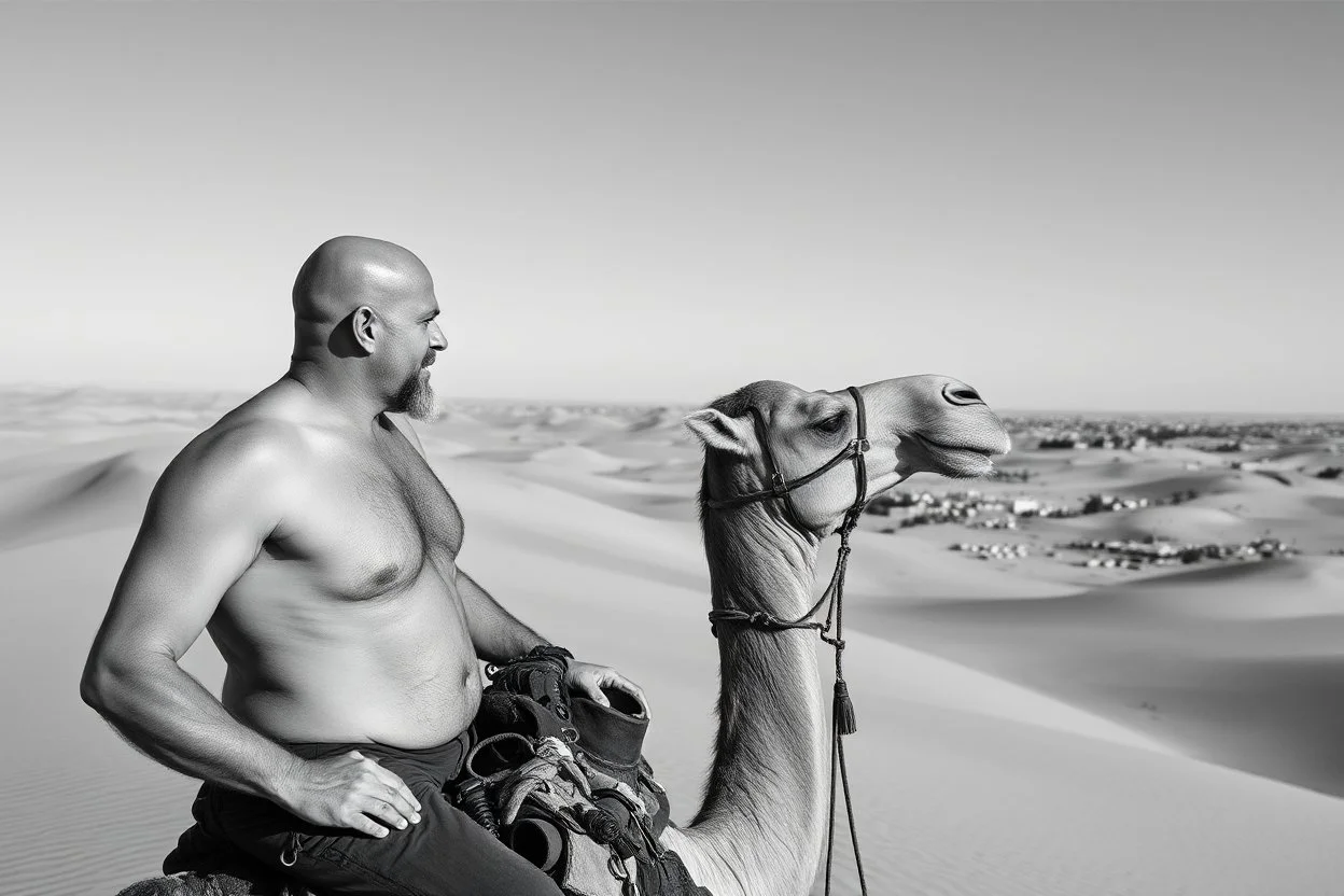 man looking like "Walter White" in breaking bad tv show, bald and goatee, with bare chest riding on a camel in sahara in desert, panorama, black and white photo, staring at a small town in horizon