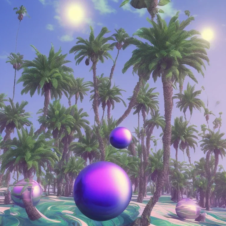 1980's aesthetic vaporwave palm trees with spheres and ufos