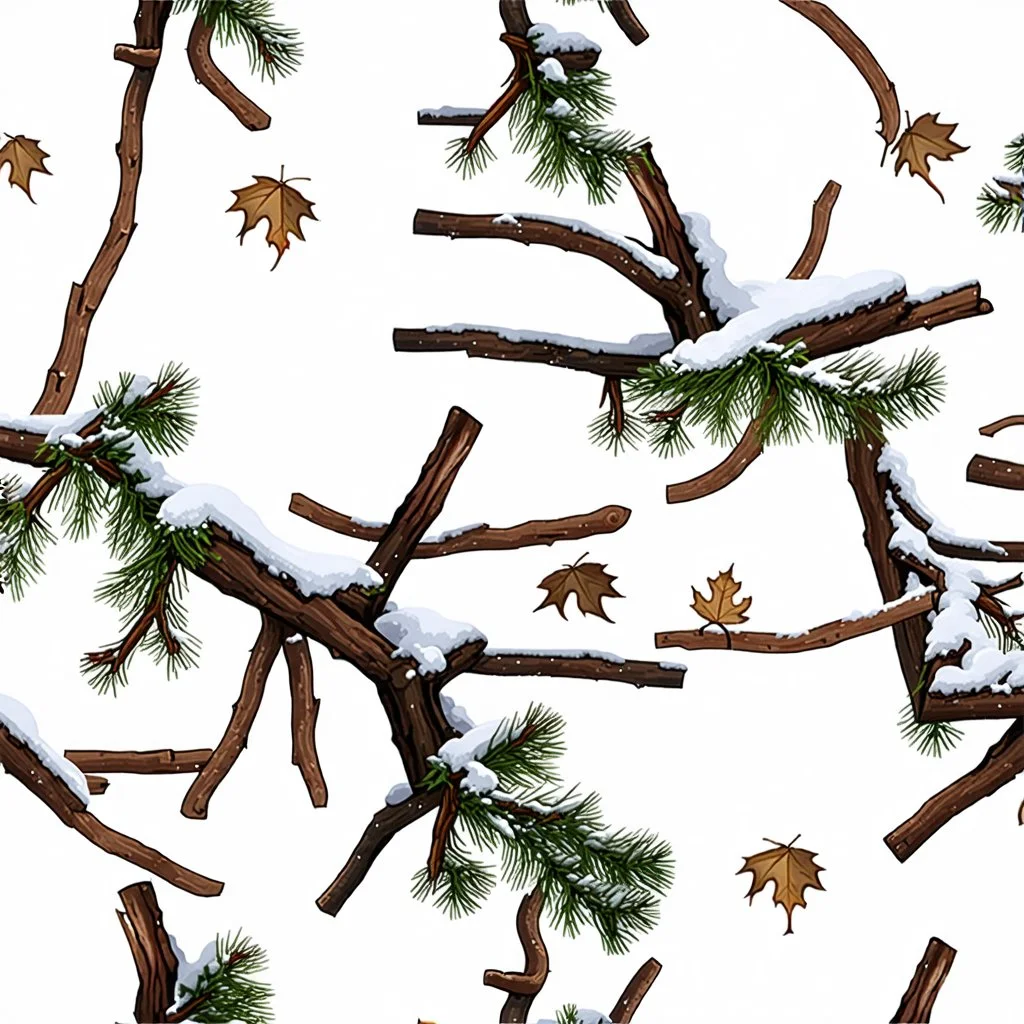 detailed Real Tree Camouflage made of sticks, twigs, dried leaves, pine branches, snow and dirt, white background, seamless repeatable texture pattern imitating a natural forest background