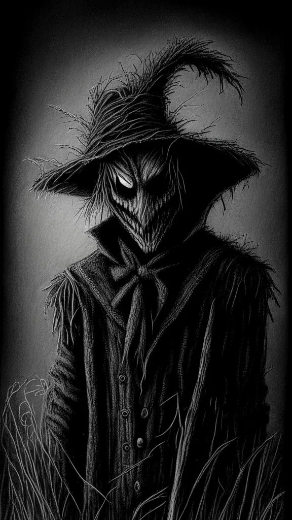 pencil drawing of a scarecrow. Spooky, scary, halloween, realistic, black paper