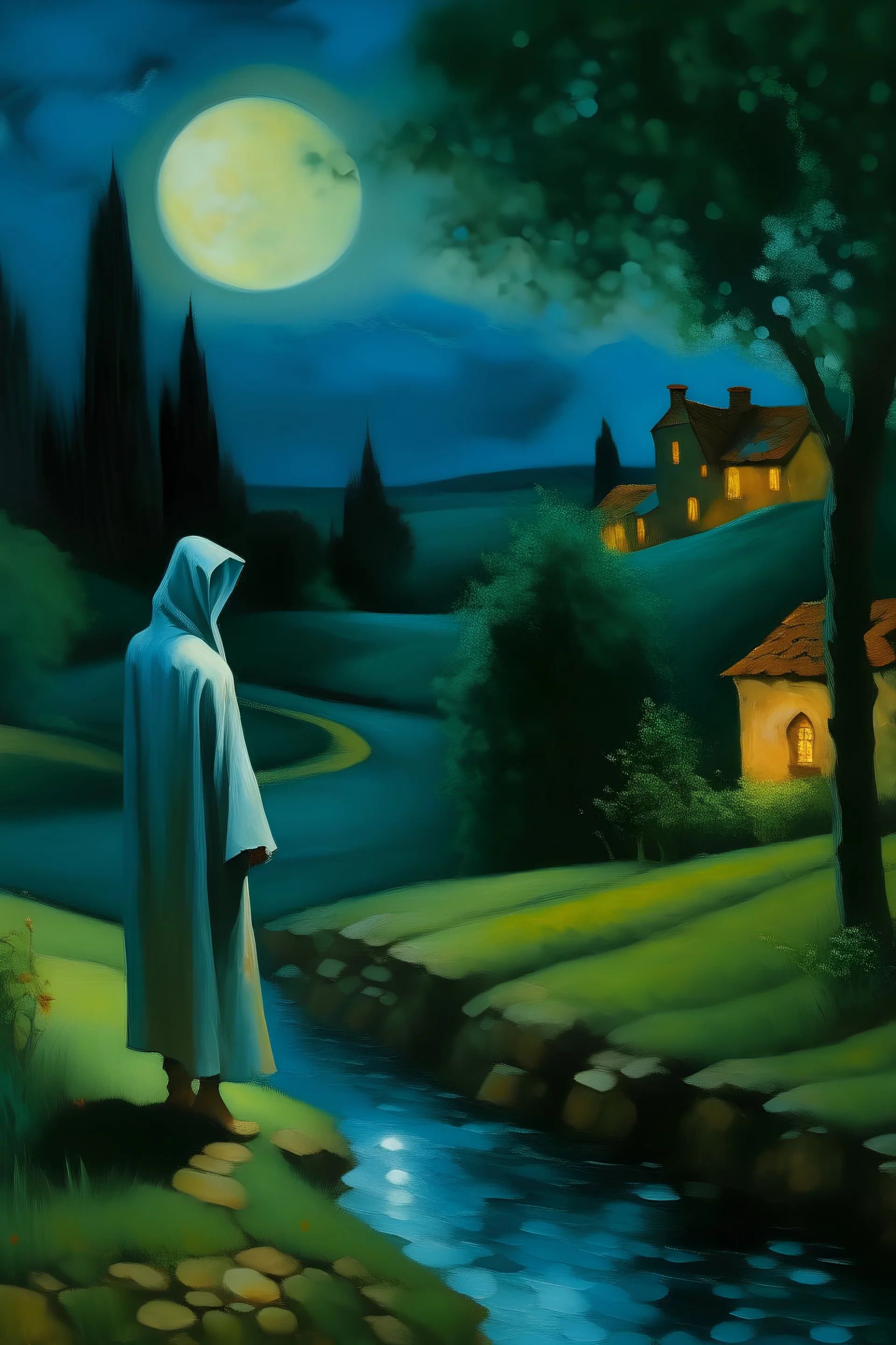 An oil painting in the style of Chagall. The ghostly figure of a man in the night, who is a private detective in a raincoat, half turned toward the viewer. He is observing the wall of a provincial manor on a hill, with a brook and some bushes.