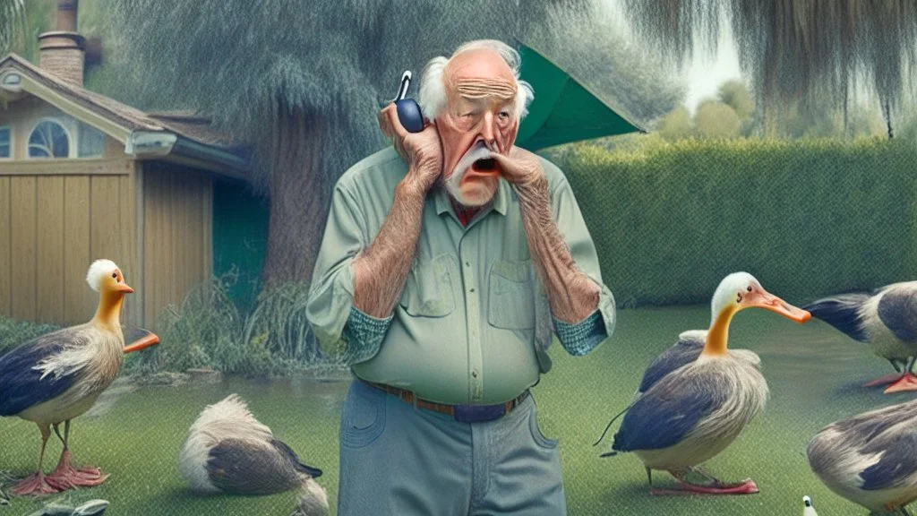 confused older man on the phone in his backyard trying to get the ducks to leave