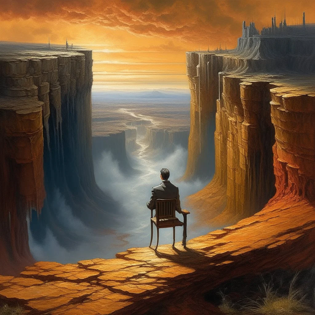 oil painting, an old track on a tall cliff, a man standing on the cliff and looking at the flooded city below him