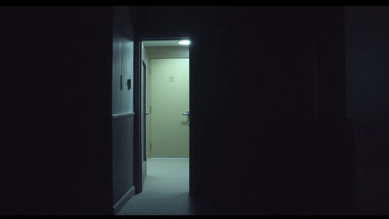 motel door slightly open, dim light inside, empty room, grainy candid photograph, documentary style