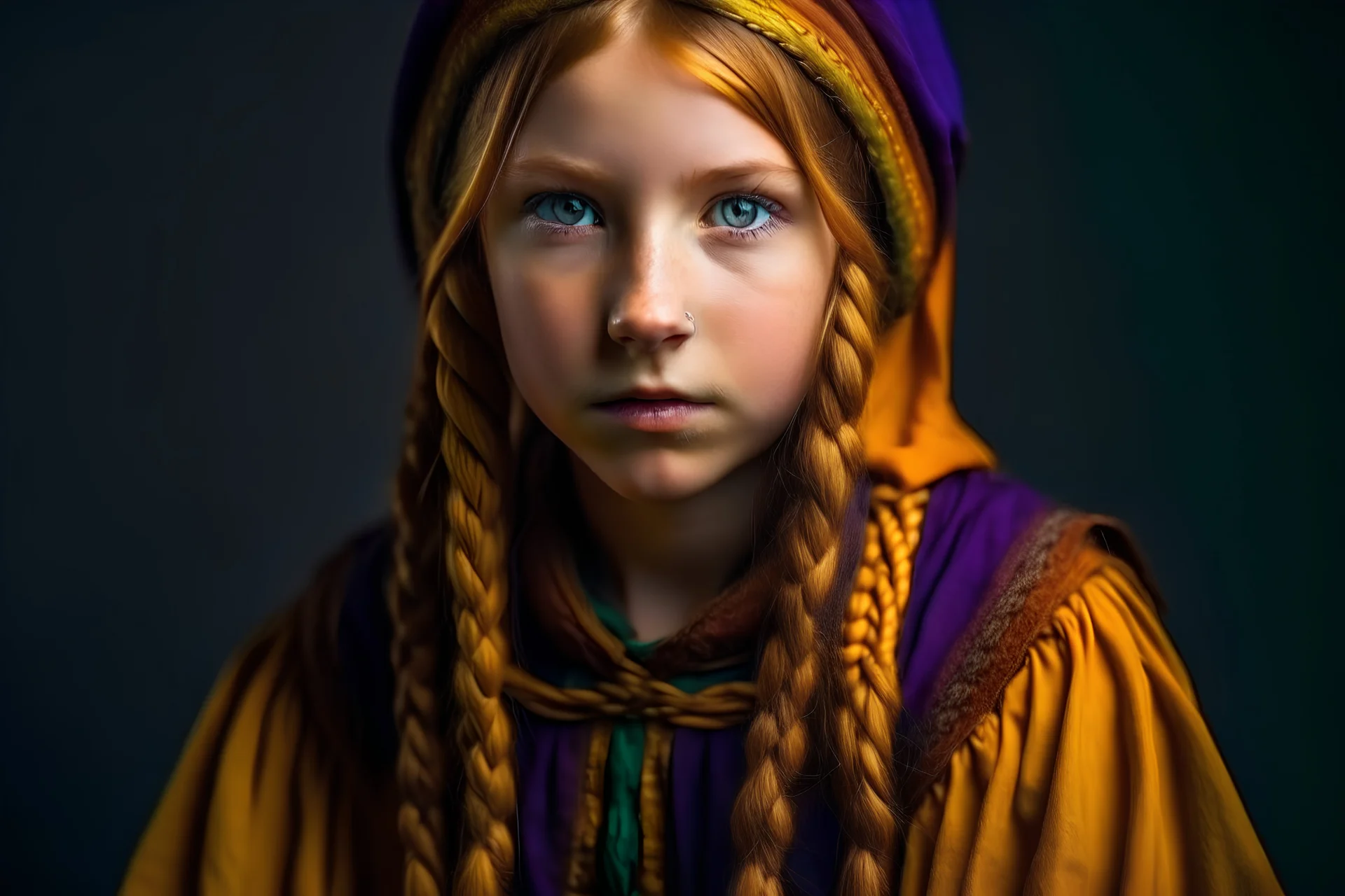 A bandit girl , purple medieval costume , emerald eyes , a long orange yellow braided braid