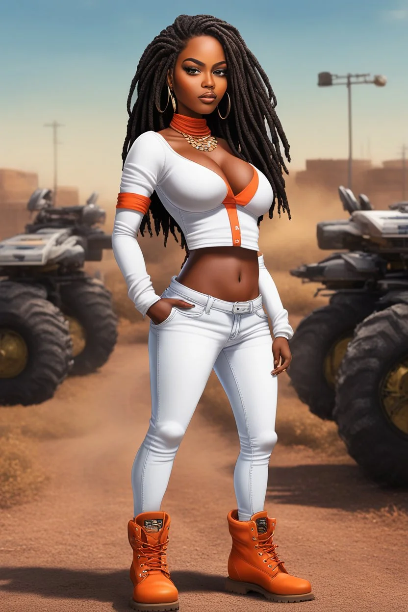 Create a airbrush cartoon of a curvy African American female wearing tight white jeans and a off the shoulder orange blouse. She is also wearing timberland boots. Prominent make up with hazel eyes. Highly detailed very long extremely dread locs black hair. Her skin is smooth and silky. Background of a track of ATV riders.