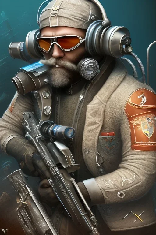 diver like a oldman,with the gun,hi quality detail,hi quality textures,cinematic,realistic,aggressive,cosmic