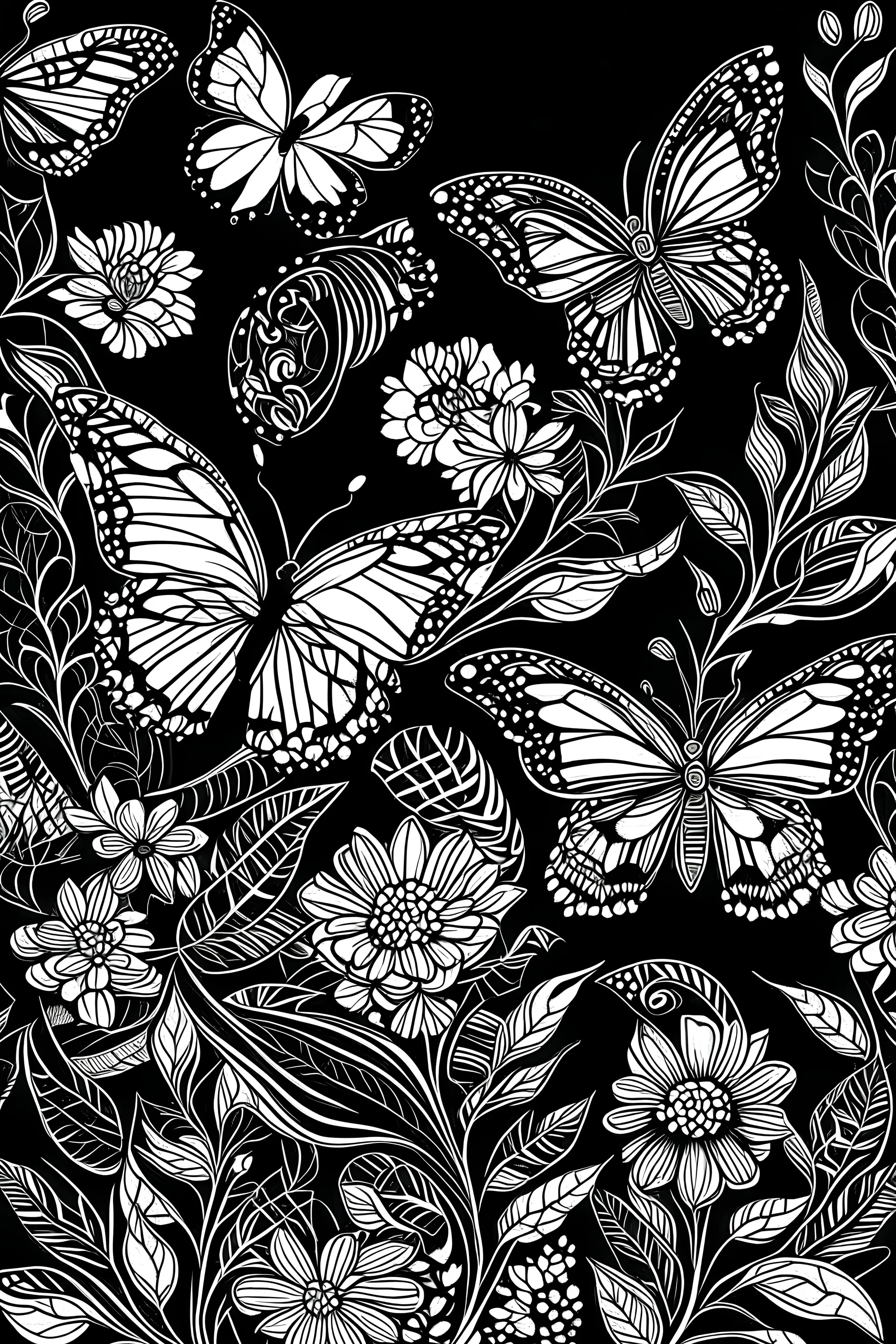 Large Print Butterflies and Flowers black and white outline