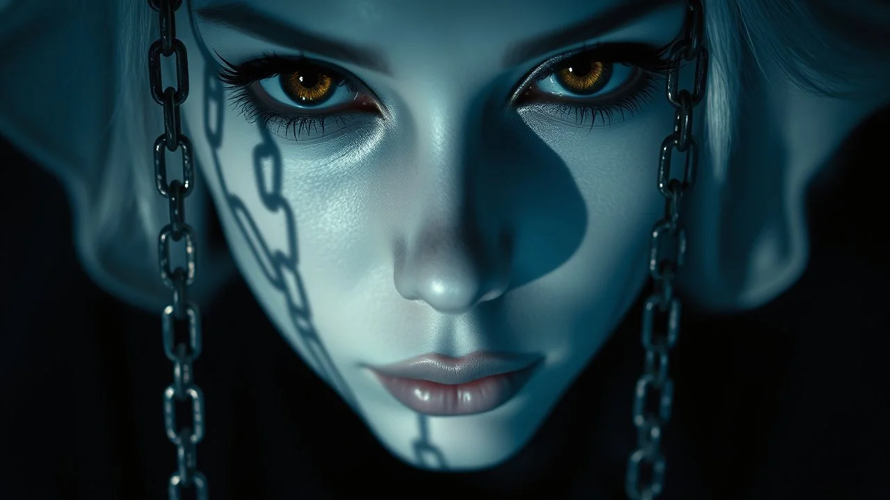 close up pale blue-white face with black-dark gold eyes with black shadow void gaze, detail face, floats in deep darkness, deep blue abyss, void vibe,, vertical shadows of five chains projected on her face, crepy stunning, surreal vibe with meticulous textures, dark shadows