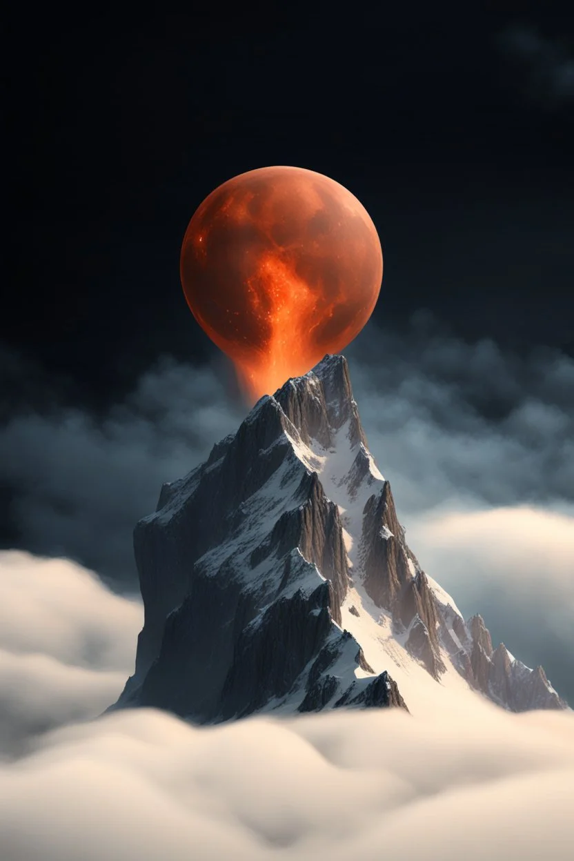a mountain rises out of the mist into the night sky. at the peak, a sphere is cracked open by the sharp rocks, insides flowing down the mountainside. cinematic lighting, realism,HD, jordan grimmer, artstation, grim mood, from below camera angle. a masterpiece, 8k resolution, dark fantasy concept art, by Greg Rutkowski, dynamic lighting, hyperdetailed, intricately detailed, Splash screen art, trending on Artstation, deep color, Unreal Engine, volumetric lighting,