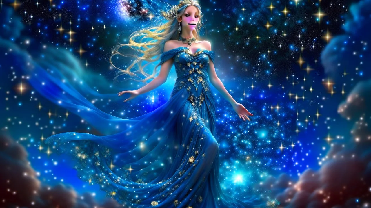 Create an image of a full body cosmic Goddess. The goddess should be depicted as a beautiful and powerful figure, surrounded by cosmic stars. Her hair should be long, blond and flowing, beautiful smiling face and she should be dressed in a flowing gown blue celestial robe. In the background, include imagery of pink flowers, blue sky,trees. The image should evoke a sense of joy, celebration, and spiritual connection to nature.