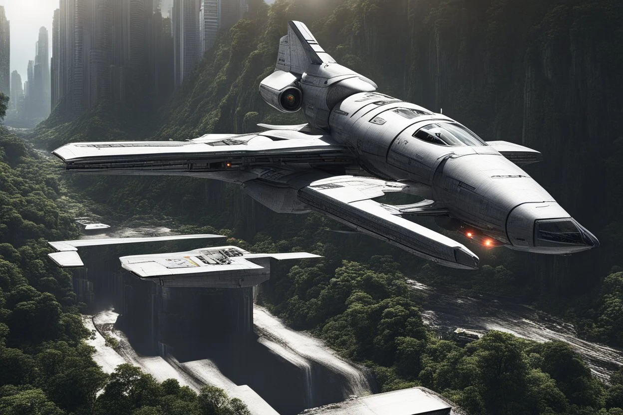 spaceship flying low over a jungle city