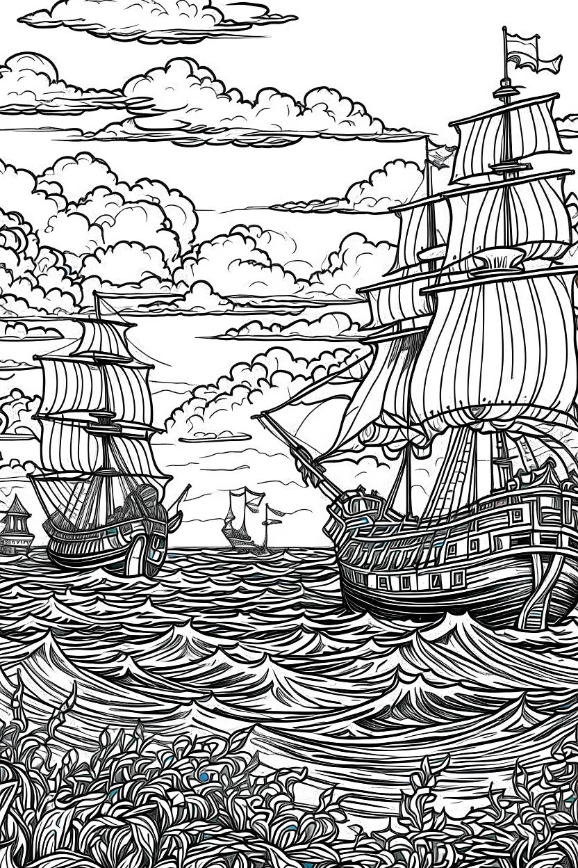 Outline art, no shading, ships on the sea, cartoon style, black and white, low detail, --ar 9:11