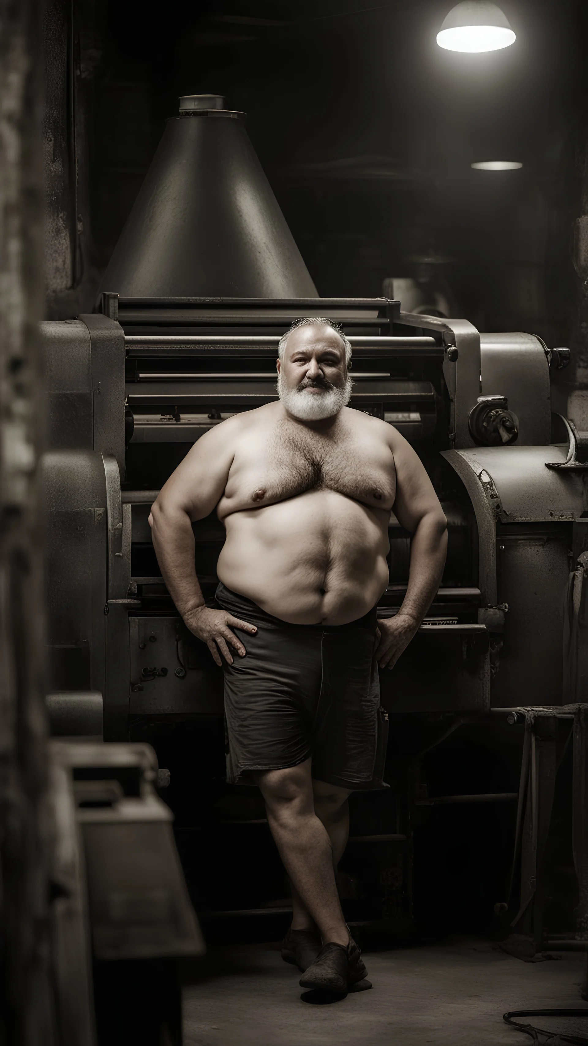 half figure shot photography of an turkish strong massive chubby 50 year old man in opened boxer, manly chest,, short beard, shirtless, printer in an old printing house, next to a huge old printer, dim light, side light, ambient occlusion