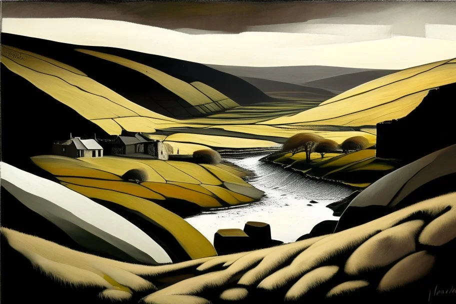 Yorkshire dales in the style of kyffin Williams