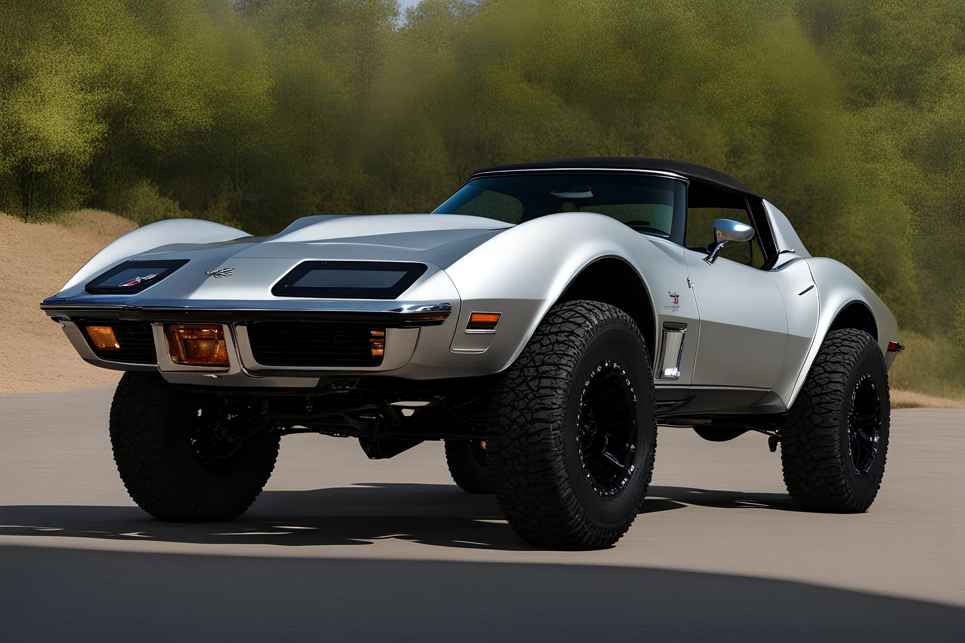 1976 Corvette Stingray lifted on a 4x4 chassis with 32 inch tires