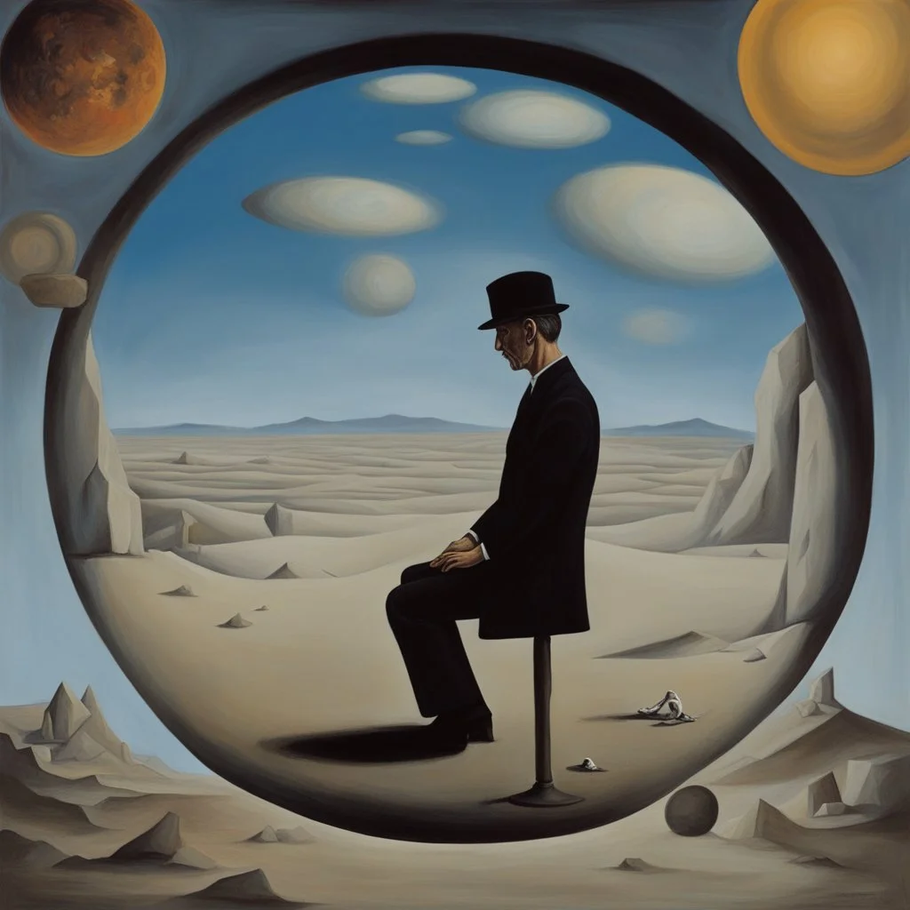 person alone in planet,cover art, surrealist painting called 'today I am thinking about time by dali and picasso and magritte and Breughel