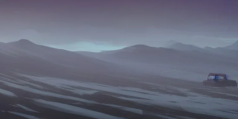  a bleak vast empty cold land by a cold seaside, a small cattle farm in the distance, mountains in the distance, misty, snowy, desolate, aurora borealis