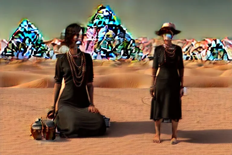 A 1922 woman looking at a black five-sided pyramid in the desert