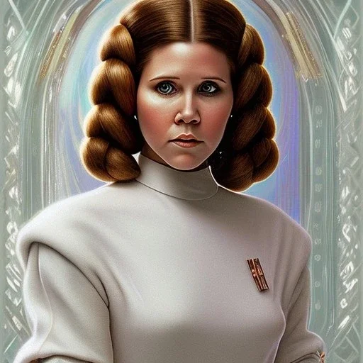 hyperspace background, complete and photo realistic detailed head to waist stunning photo realistic portrait of young carrie fisher as Princess Leia in star wars with photo realistic hairstyle by Mandy Jurgens and mucha and Richard Schmid and chuck close and chie yoshii, extraordinary and detailed ceremony dress of star wars,brown eyes