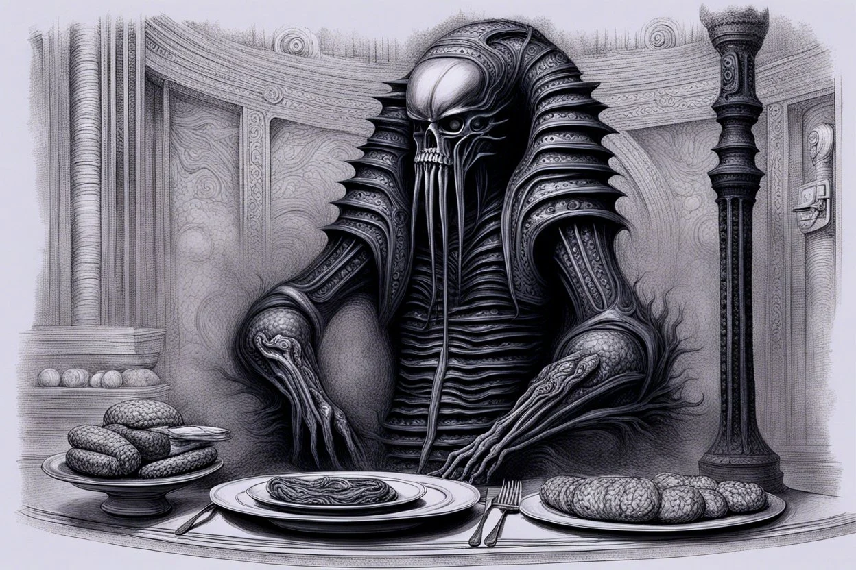 h.r giger style art a man with a large kebab roll