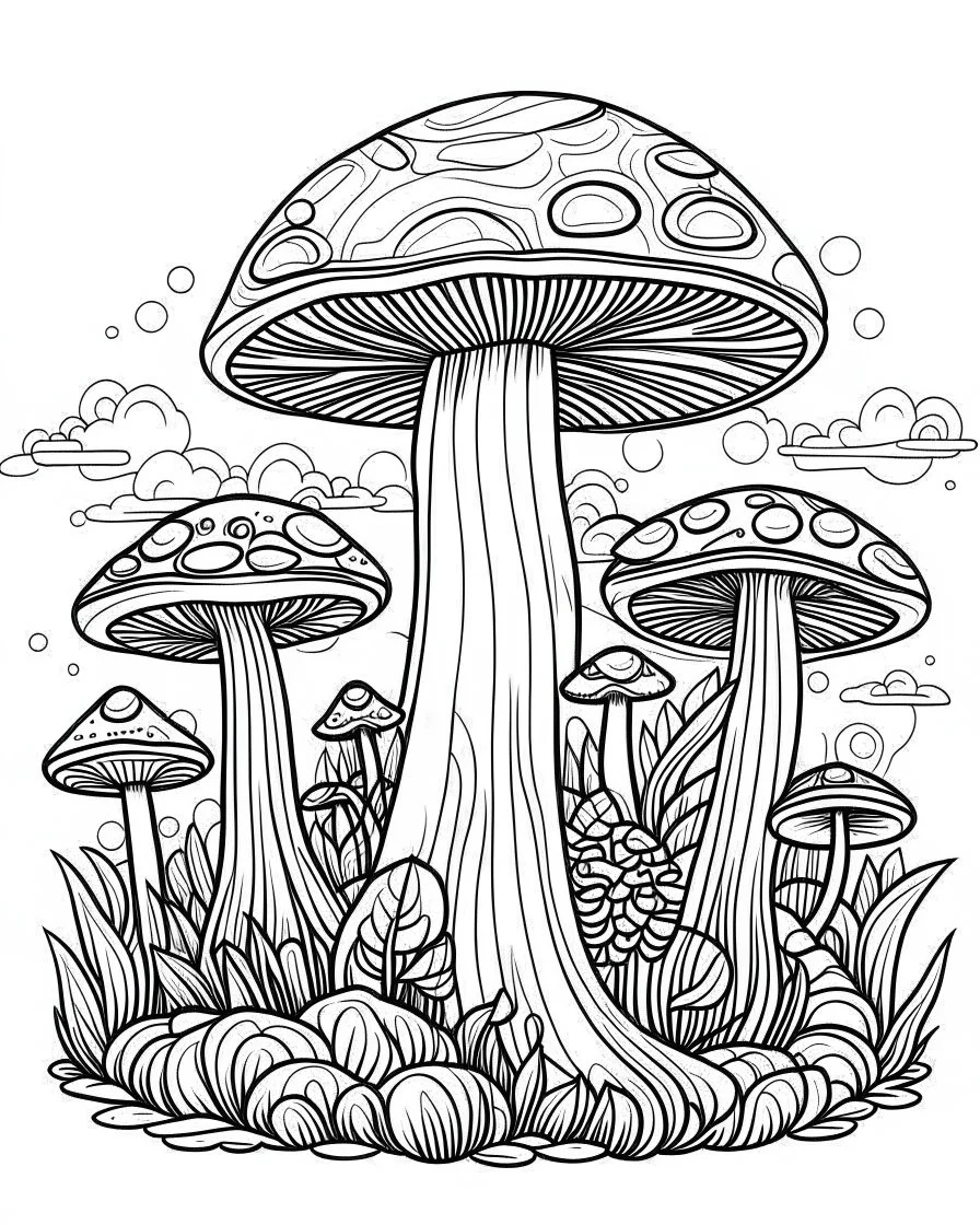 mushroom world minimalistic landscape. line art, background, vector, svg, coloring book page style, black outline on white background