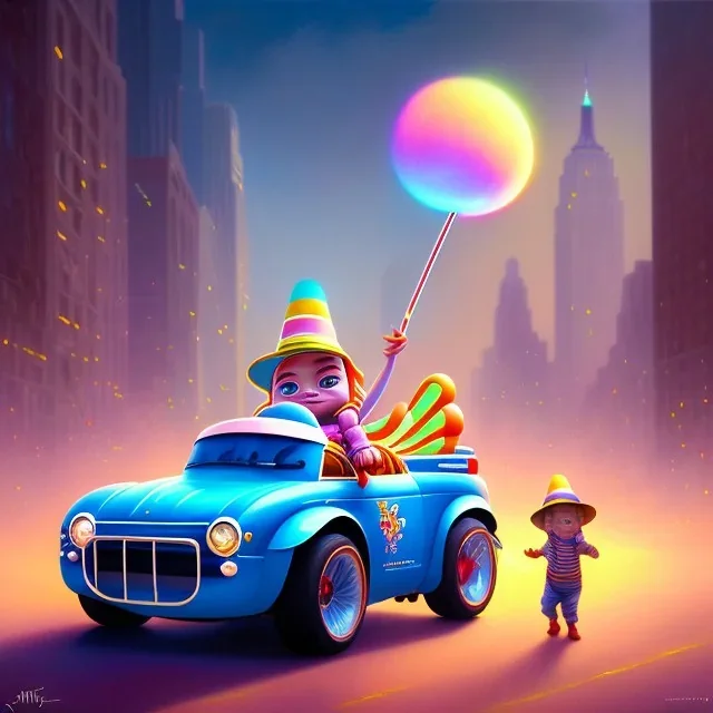 A one-year-old boy rides in the plastic funny toy-car on the middle of a busy street in new york. He has and a large-brimmed straw hat. somehow photographic bright colors and sunset, fantasy art, Anna Dittmann, digital painting, dan mumford, oil on canvas, jeff koons, akihito yoshida, wlop, kodachrome,