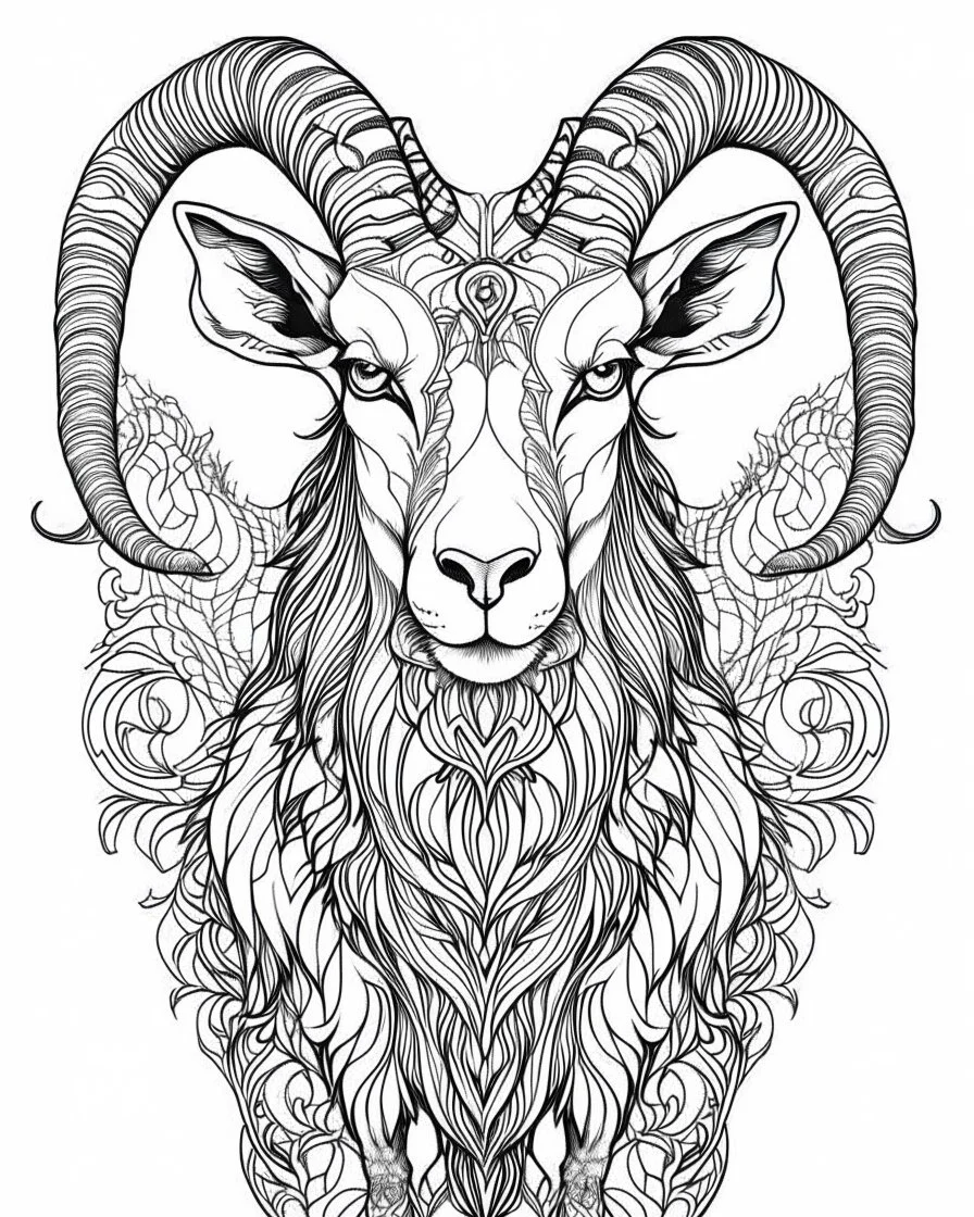 satanist goat tattoo, coloring book page, clean line art, adults drawing book, Black and white only, crisp black lines, sharp lines, coloring page for adults, black and white picture, lots of details, tattoo style,tattoo ideas, full body, without shadows and colors