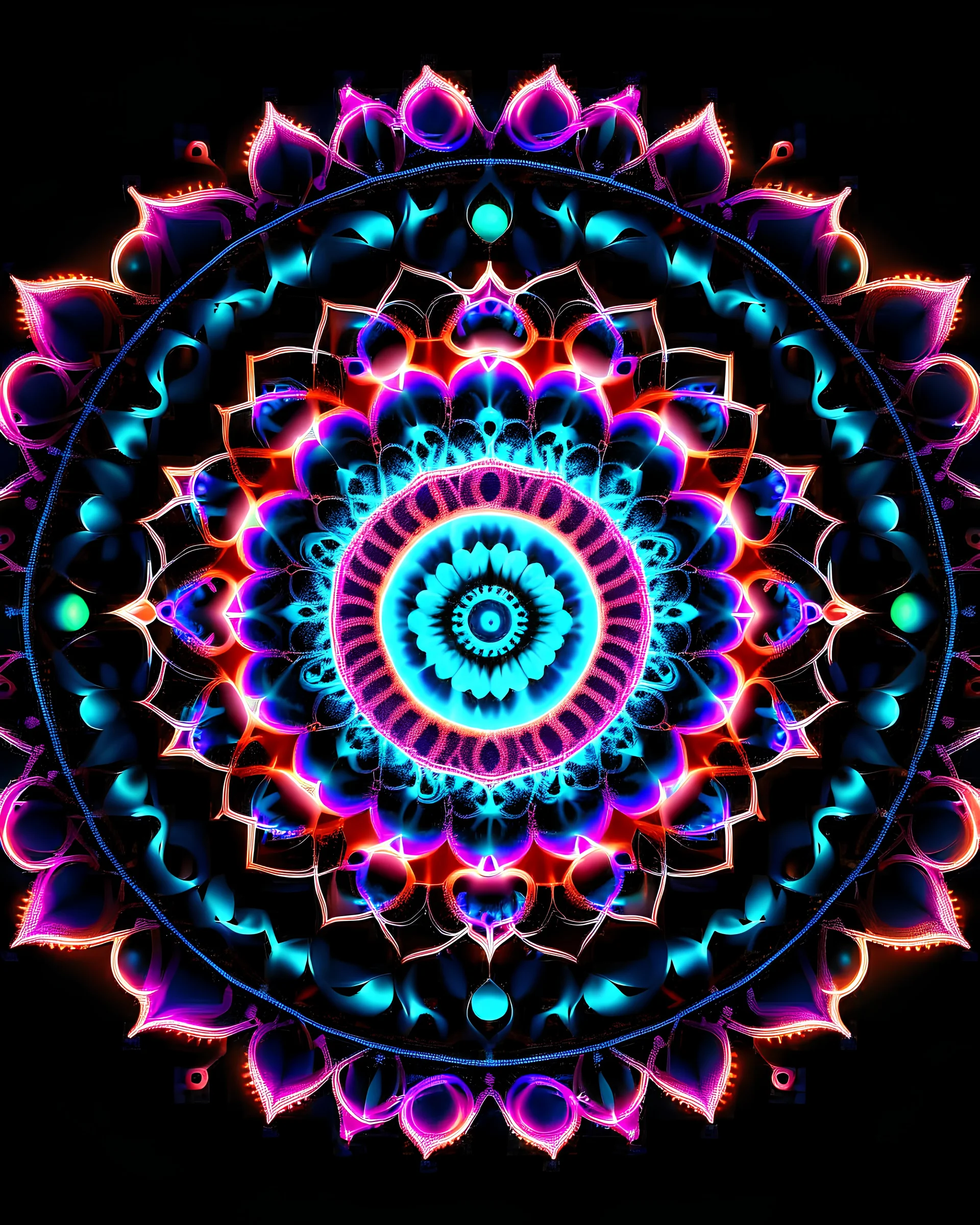 /imagine prompt: Vibrant digital artwork portraying Style: Playful mix of neon and vibrant tones inspired by baby colors. Subject: Kaleidoscopic mandala with energetic patterns. Setting: Illuminated against a dark cosmic backdrop. Composition: Mandala positioned dynamically, extending beyond the frame. Lighting: Neon lights pulsating in sync with the mandala's energy. Additional Info: Cosmic dust particles creating a dynamic atmosphere. --ar 16:9 --stylize 500 --style raw --v 6