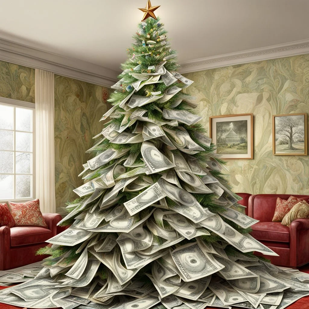 Weird Christmas Tree made out of US twenty dollar bills, surreal, weirdcore, photorealistic, hyper detailed, sharp focus, concept art, by Cindy Sherman, background a suburban living room,