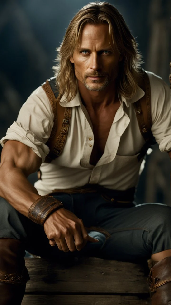 viggo mortensen as handsome warrior king, muscular, long blonde hair, male age 30, wearing jeans and a white shirt, tan skin, tattoos,photorealistic 4k dark fantasy