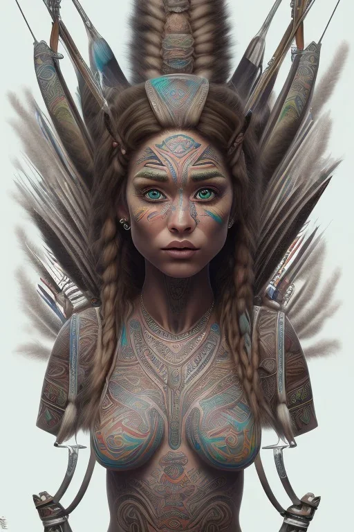  Photorealistic Portrait voluptuous female Maori Chief iron maiden rainbow Maori tribal tattoos, bow with arrows, full detail, 8k Neko Erokawa, style of Zootopia