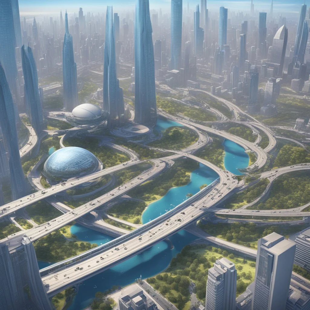 Aerial view of city on a (((twin planet))) of Earth in another galaxy, showing a diverse community. The skyline is dominated by tall skyscrapers with modern futuristic architectural designs, the streets are filled with people from diverse backgrounds. In the distance, a majestic bridge crosses a river and connects the city with a beautiful park on the other side.