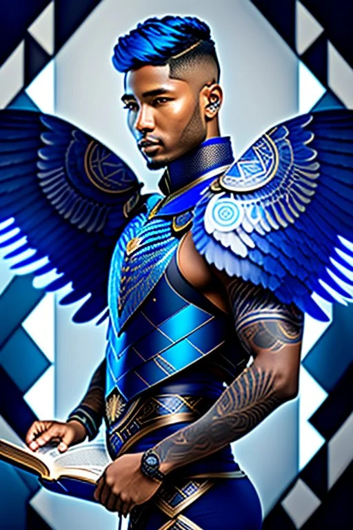 a human male with blue short hair and blue wings in an assymetrical armor with geometric patterns and a book in hand