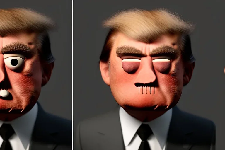 Angry muppet trump, round nose, in suit, eyebrows, spray tan