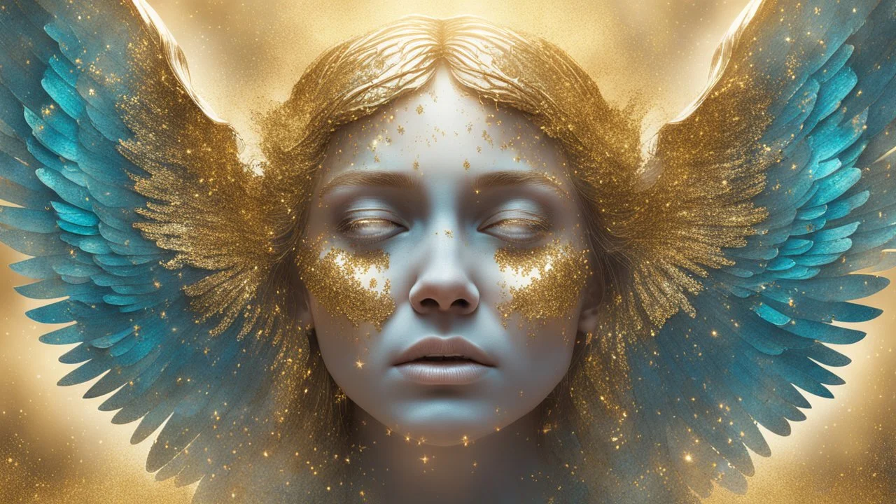 beautiful crying angel, double exposure in fantasy style, gold, glitter, fine rendering, bright colors, photorealism, 3D