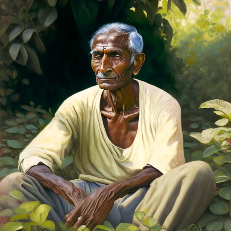 an indian man, oval face, tanned skin, sitting in a garden, peaceful