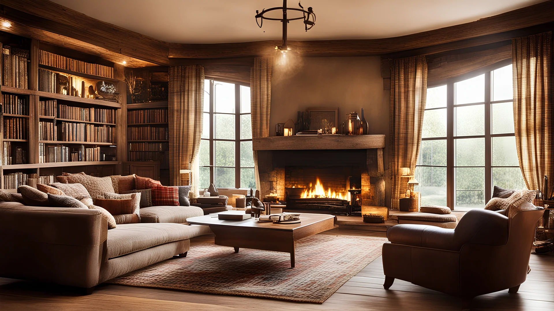 A rustic living room with wooden furniture, including a large, cushioned sofa and a wooden coffee table. The room has a single, stone fireplace, a woven rug on the wooden floor, and shelves filled with books and rustic decor. There are plaid curtains on the windows and warm, ambient lighting from table lamps. Beautiful award-winning photograph, 30mm focal length, adjust perspective, rule of thirds, balanced delightful composition, perfect light, chiaroscuro