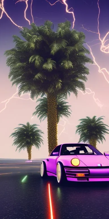 1980's aesthetic vaporwave palm trees and spheres and glowing Porsche with lightning