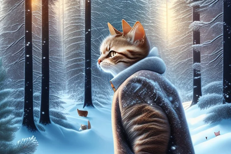 Cat in Wellensteyn coat, winter forest, pine trees, snowing, in sunshine